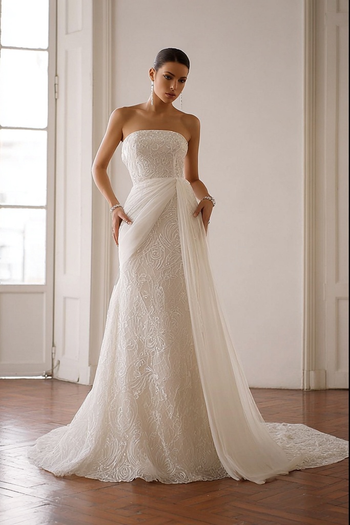 Formal ​Wedding Dress White Strapless Maxi Lace Dress