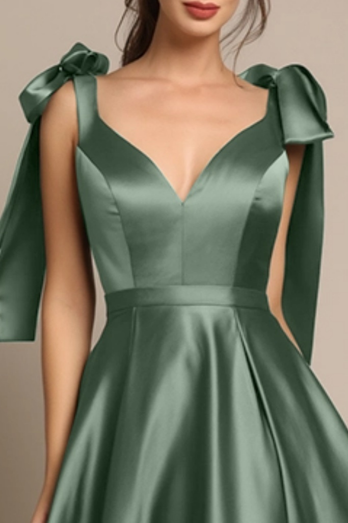 Evening Formal Satin Dress​​ Green V Neck A-Line Maxi Dress