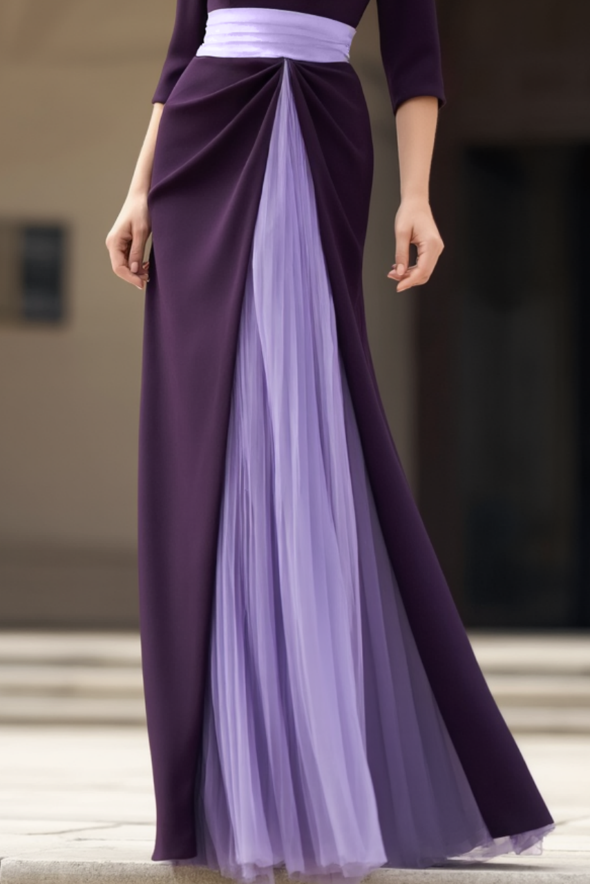 Formal Dress Purple Crew Neck Colorblock Floor-Length Dress