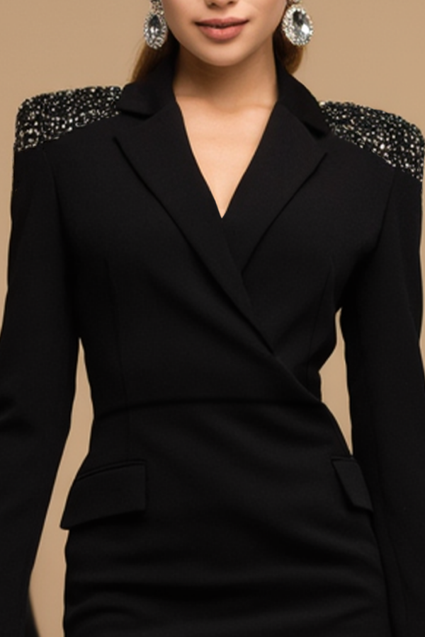 Stylish Black Work Dress with Lapel and V Neck