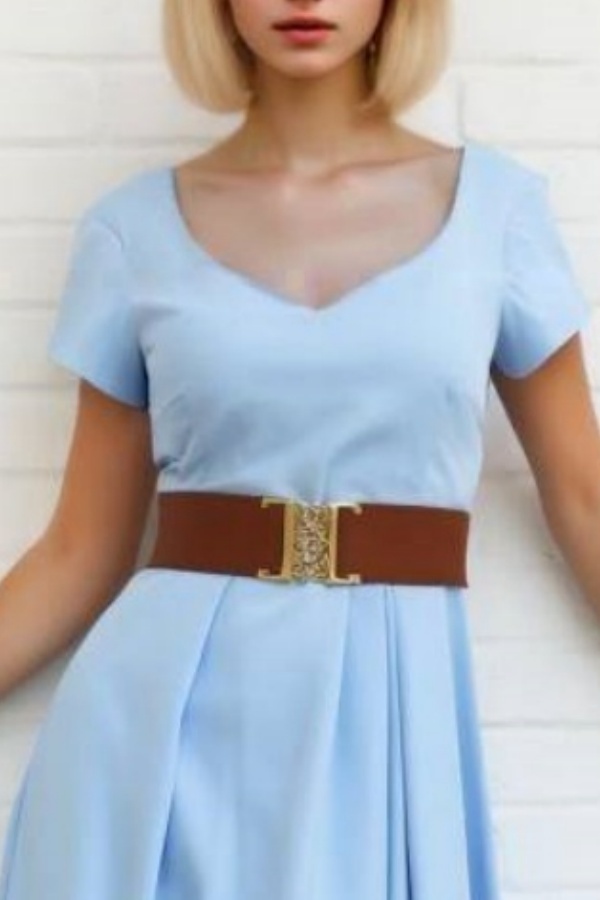 Work Dress Blue V Neck Lace Belted Maxi Dress