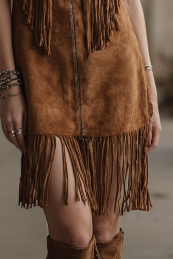 Boho Dress Brown V Neck Tassel Mini Dress