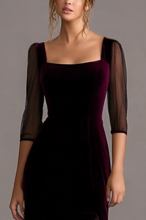 Formal Evening Dress Black Square Neck Velvet Maxi Dress