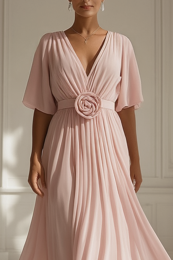 Formal Evening Dress Pink V Neck Floral Maxi Dress