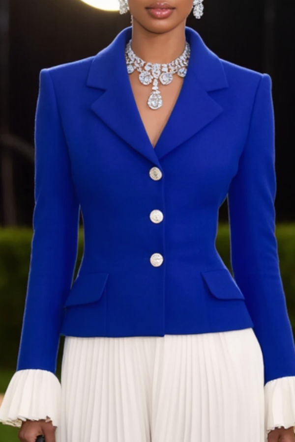 Formal ​Wedding Guest Suit Sets Blue Lapel Long Sleeve Maxi Skirt Set