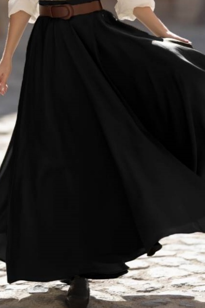 Casual Swing Shirt Skirt Set​​ Black White Lapel Floor-Length