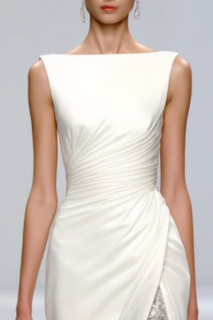 Formal Sequin Dress​​ White Crew Neck Floor-Length Dress