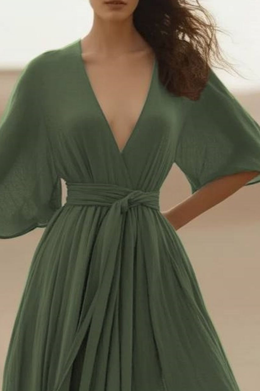 Bohemian Swing Dress Green Deep V Floor-Length Dress