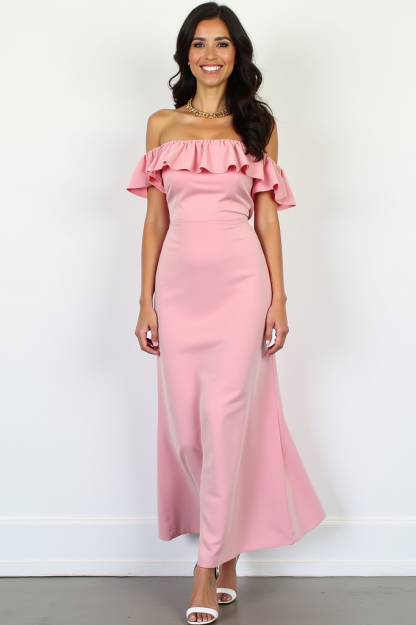 ​​ ​Wedding Guest ​Cocktail​ Dress Pink Ruffle Off Shoulder Maxi Dress