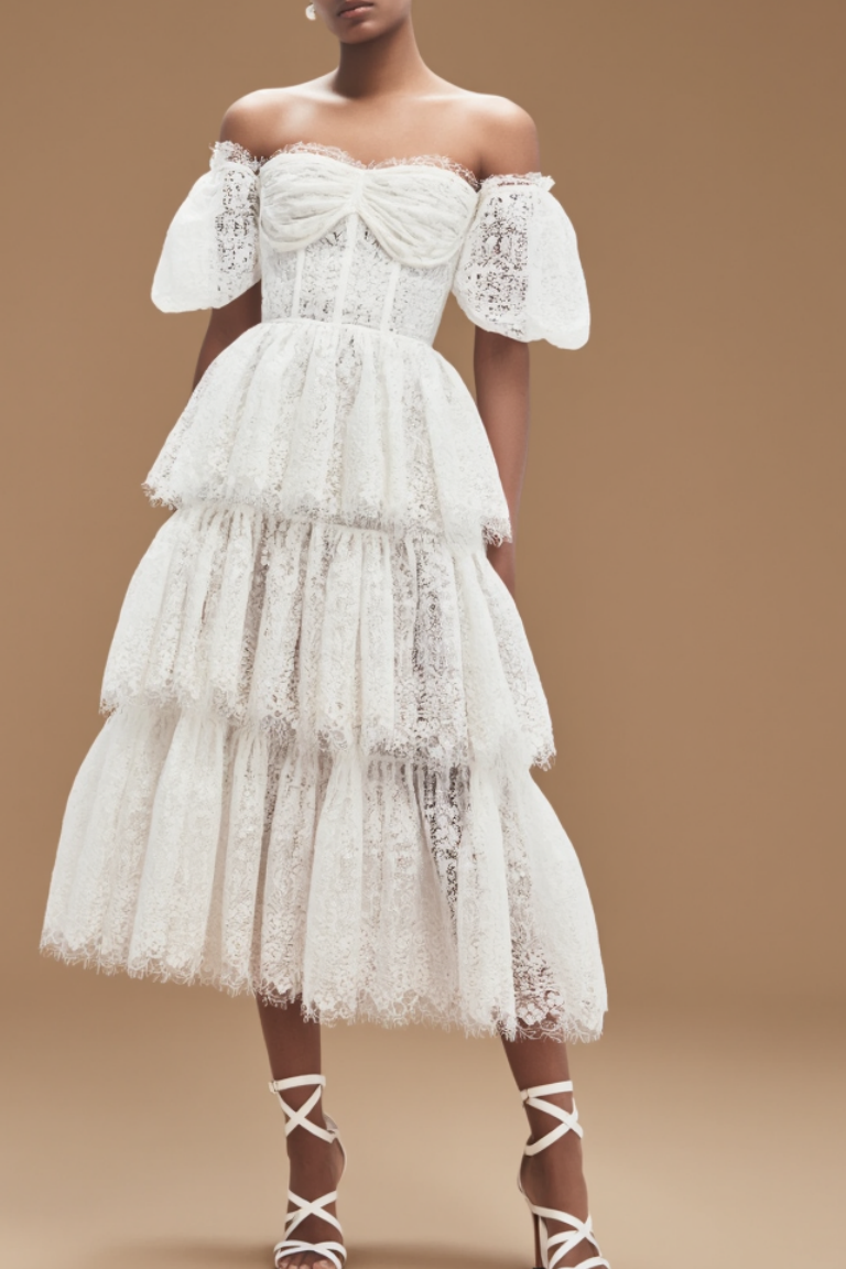 ​Graduation​ ​Prom ​​Corset Dress​ White Strapless Lace Midi Dress