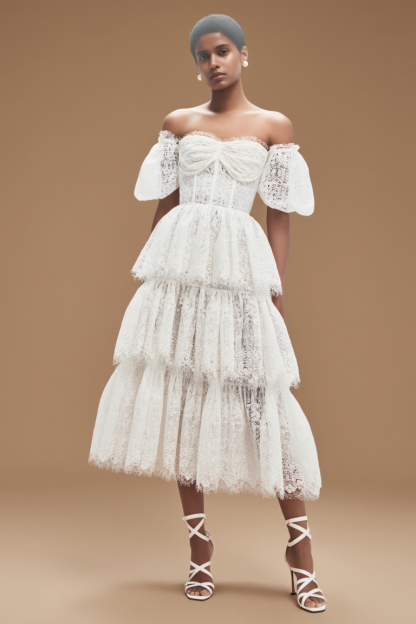 ​Graduation​ ​Prom ​​Corset Dress​ White Strapless Lace Midi Dress