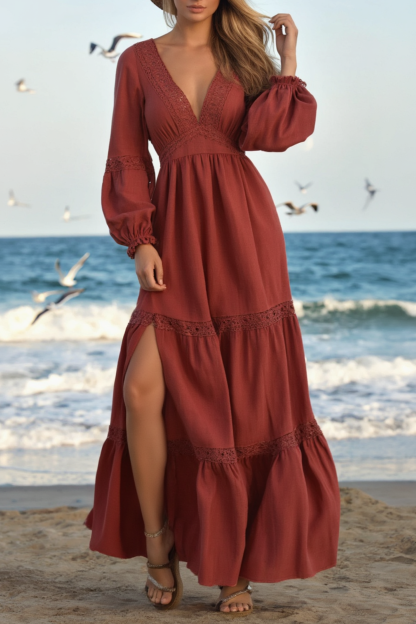 Bohemian Swing Dress Red V Neck Floor-Length Dress
