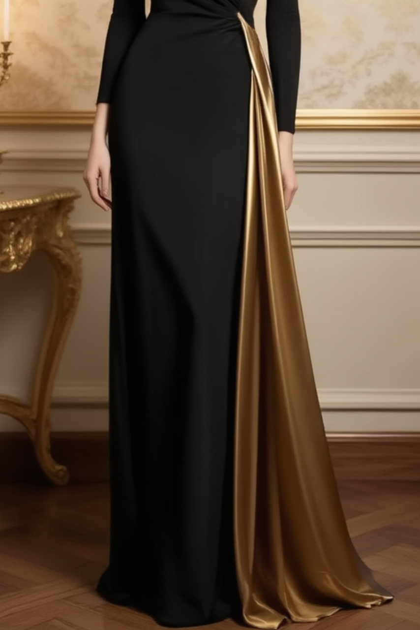 Evening Dress Black V Neck Colorblock Floor-Length Dress