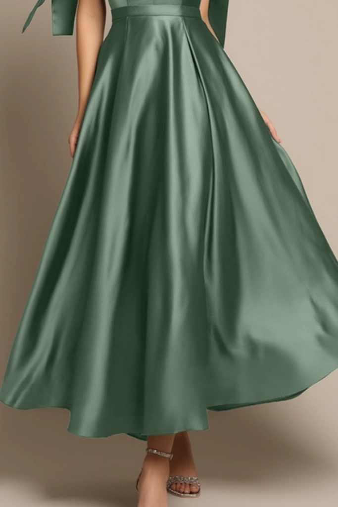 Evening Formal Satin Dress Green V Neck A-Line Maxi Dress