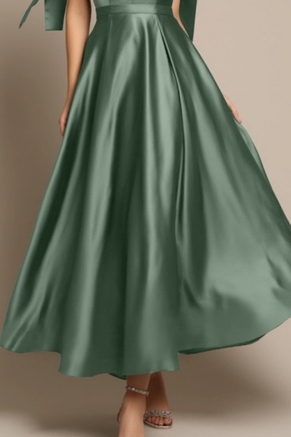 Evening Formal Satin Dress​​ Green V Neck A-Line Maxi Dress