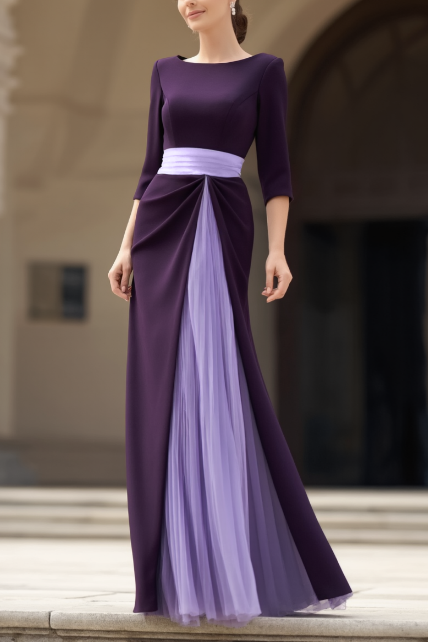 Formal Dress Purple Crew Neck Colorblock Floor-Length Dress