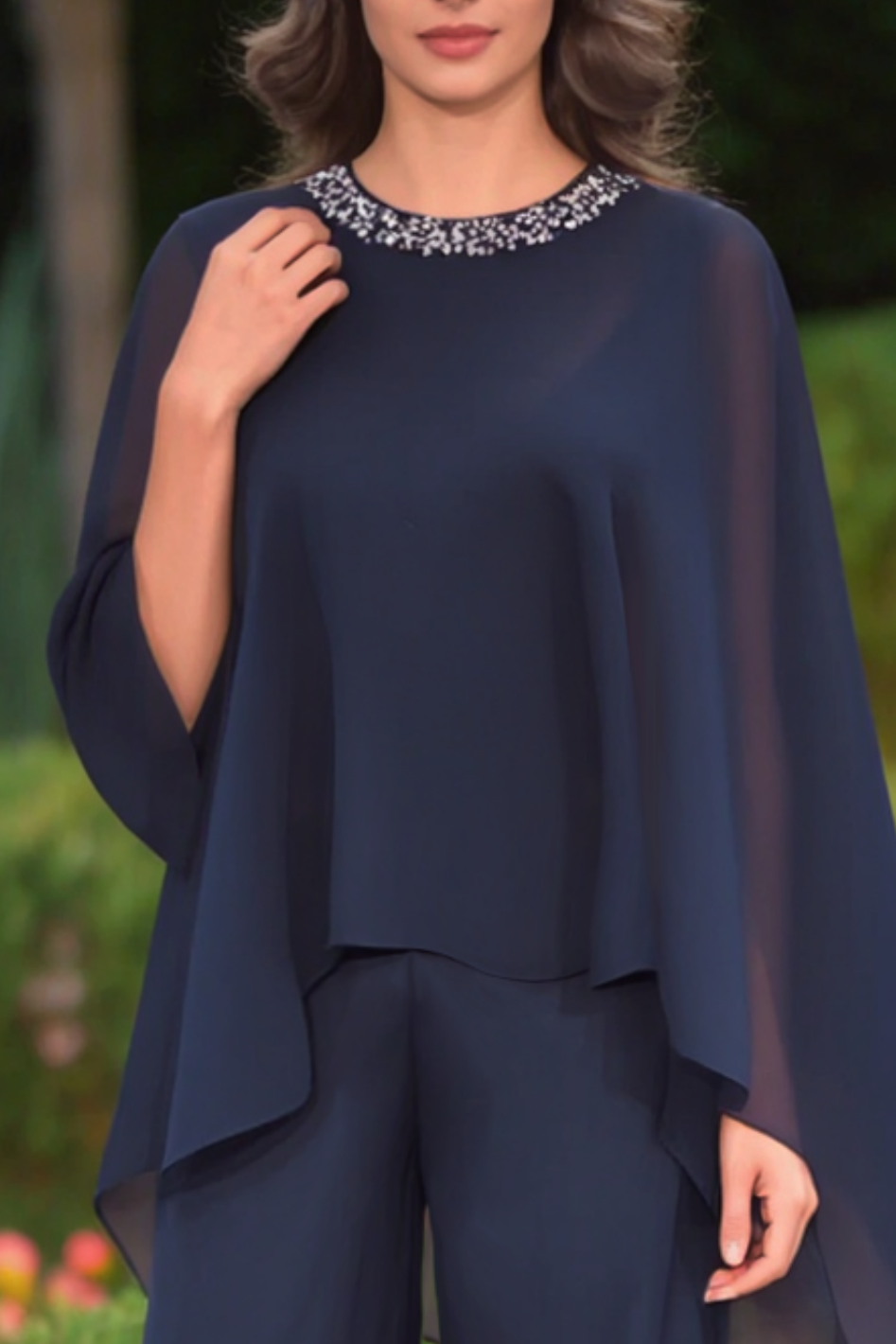 Casual Set Navy Crew Neck Rhinestones Chiffon Pants Set 