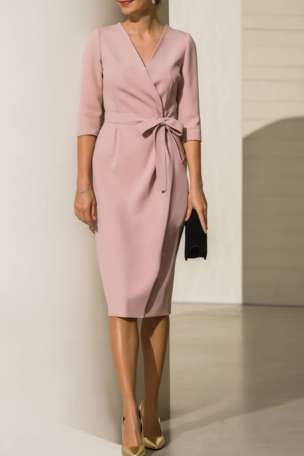 Pink V neck wrap work dress