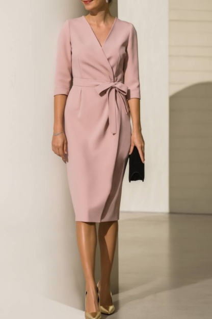 Pink V neck wrap work dress