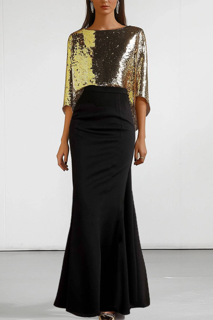  Ball Party Sequin Dress Cape Style Color Block Mermaid Maxi Dress