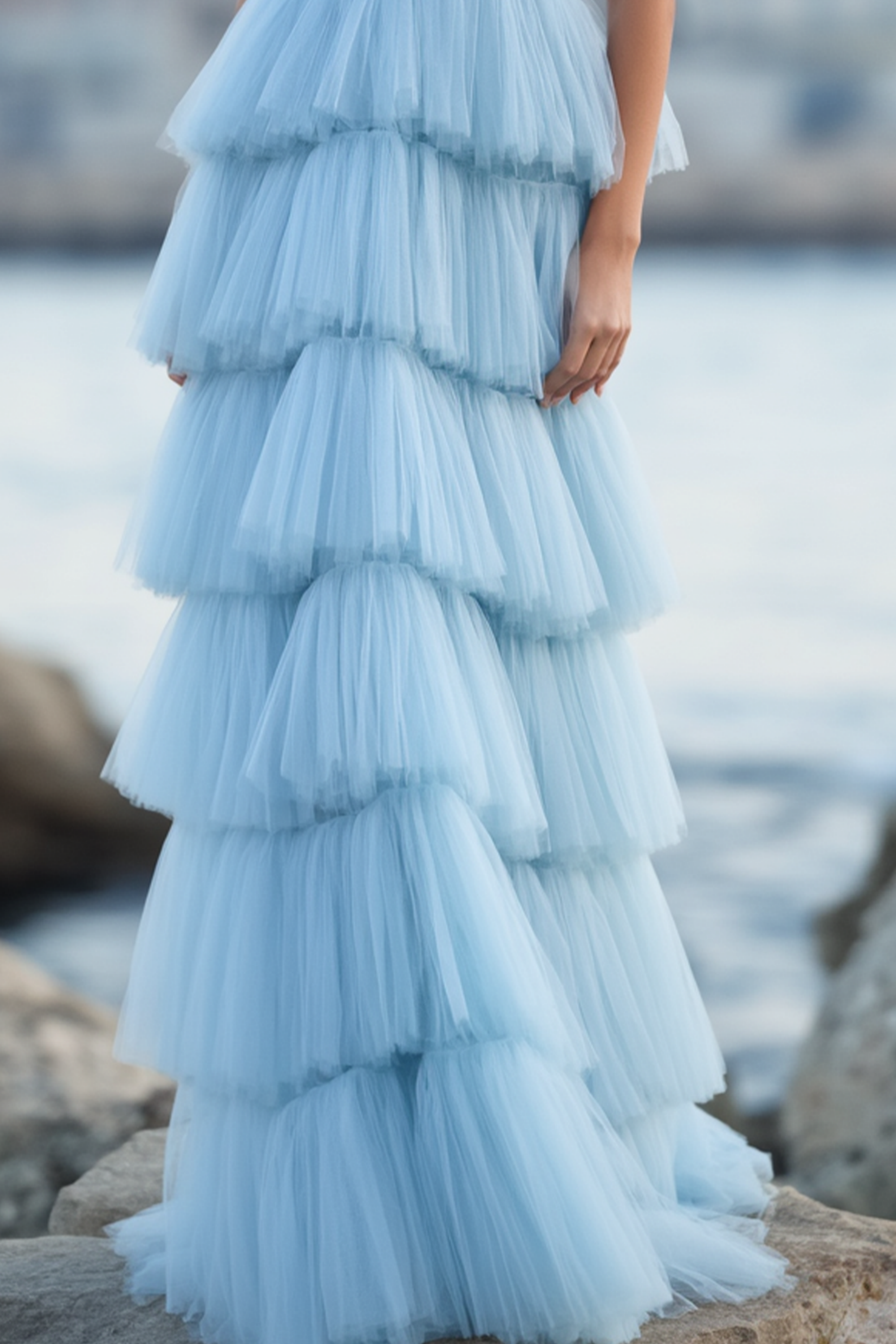 Evening​ ​Prom Dress​ Blue V Neck Layer Floor-Length Dress