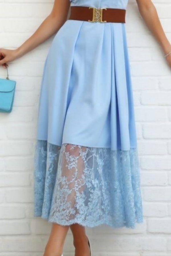 Work Dress Blue V Neck Lace Belted Maxi Dress