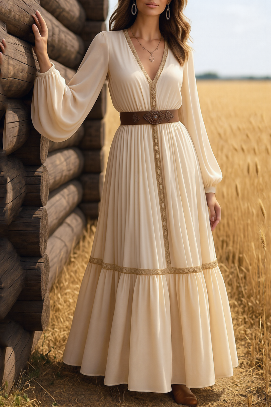 Boho Swing Dress White V Neck Maxi Dress