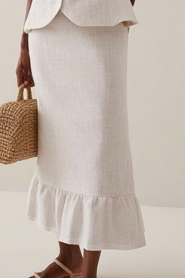 Casual Outfit Sets White Crew Neck Ruffle Skirts Set