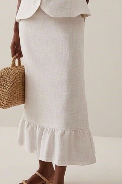 Casual Outfit Sets White Crew Neck Ruffle Skirts Set