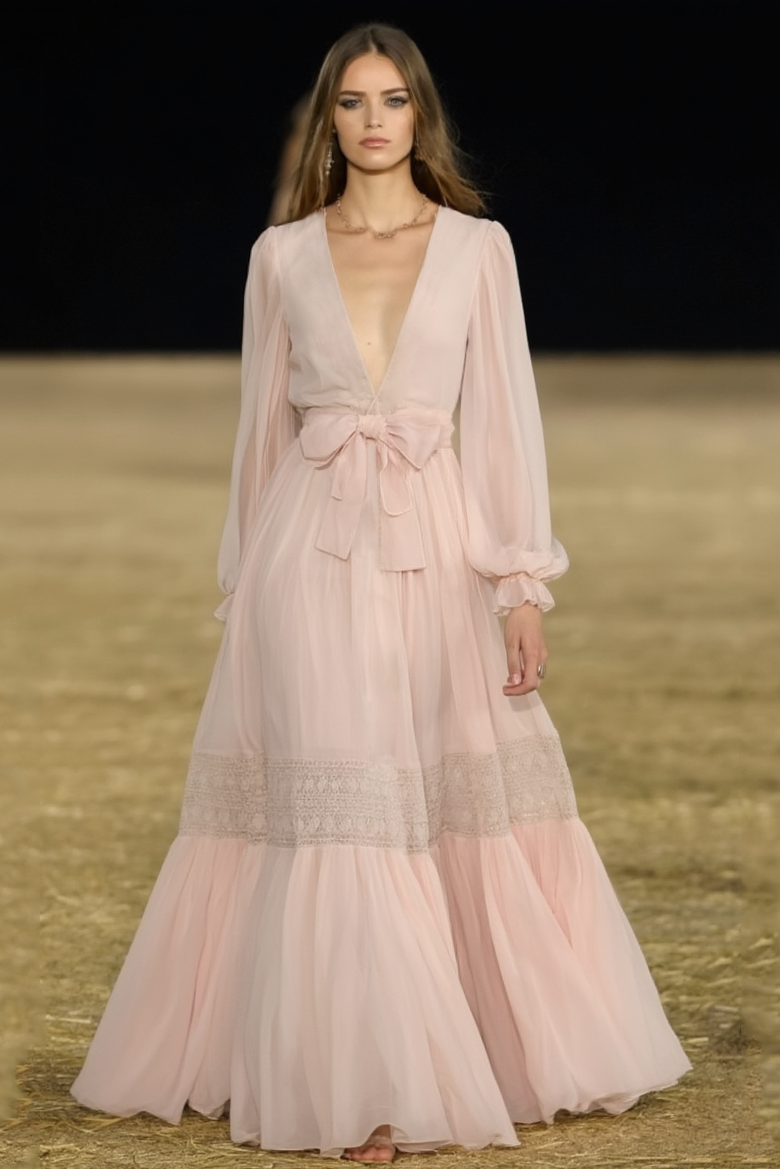 Formal Evening Dress Pink Deep V Bow Lace Maxi Dress