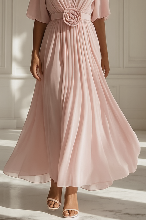 Formal Evening Dress Pink V Neck Floral Maxi Dress