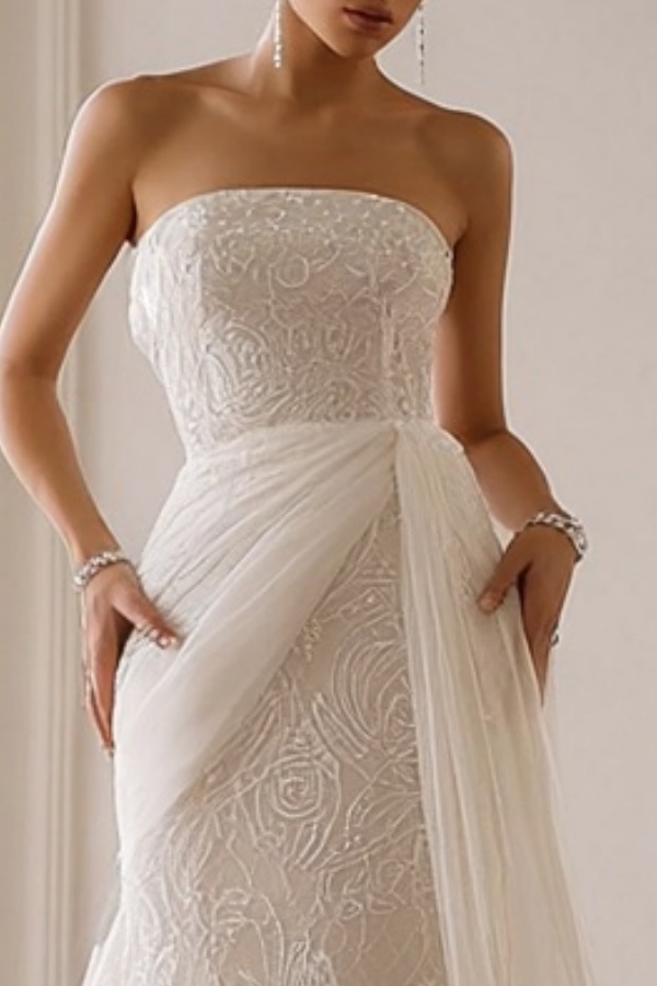 Formal ​Wedding Dress White Strapless Maxi Lace Dress
