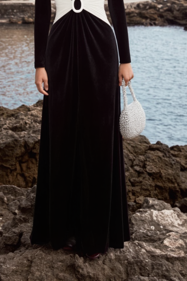 Formal ​Evening Dress Brown V Neck Long Sleeve Maxi Velvet Dress