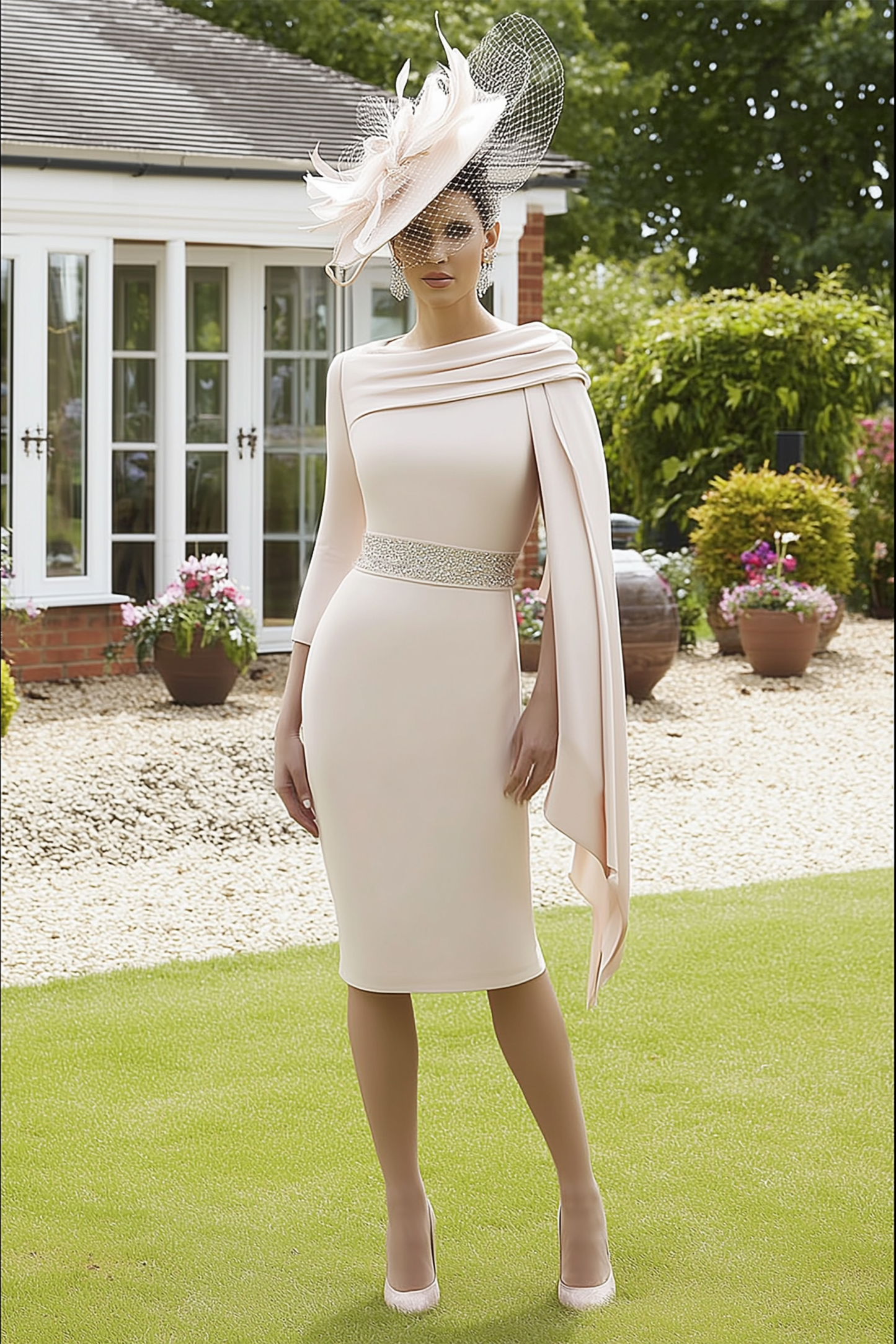 Mother of th Bride Dress Beige Crew Neck Belted Knee-Length Dress
