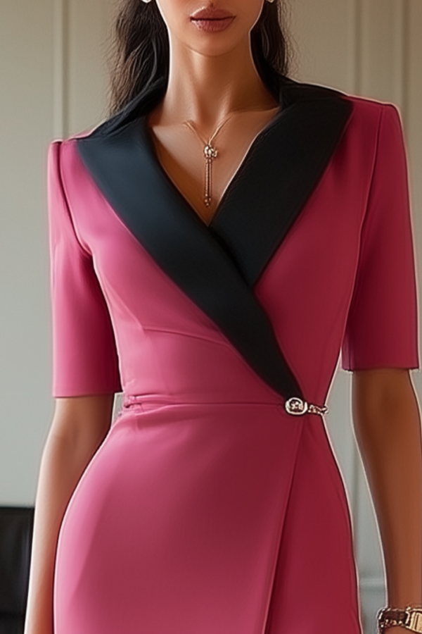 Work Dress Rose Lapel Colorblock Knee-Length Dress
