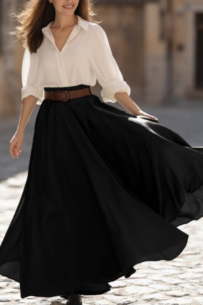 Casual Swing Shirt Skirt Set​​ White Lapel Floor-Length