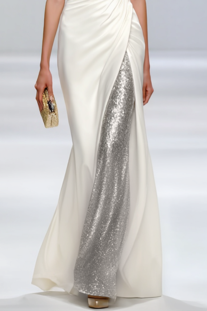 Formal Sequin Dress​​ White Crew Neck Floor-Length Dress