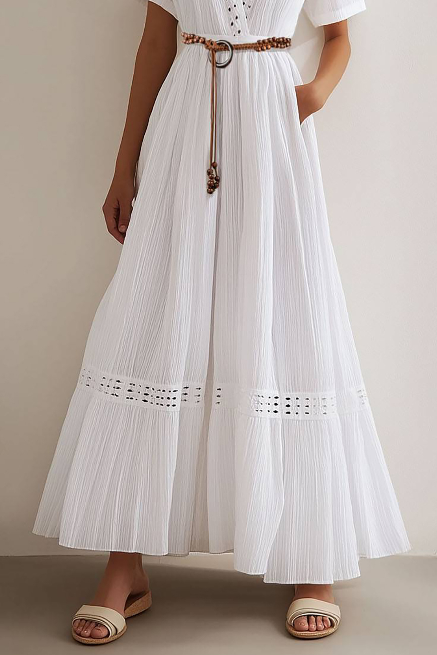 Bohemian Casual Dress White V-neck Belt with Pockets Maxi Dress