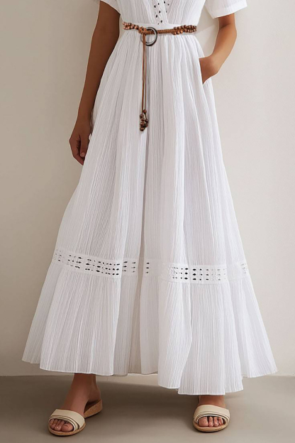 Bohemian Casual Dress White V-neck Belt with Pockets Maxi Dress