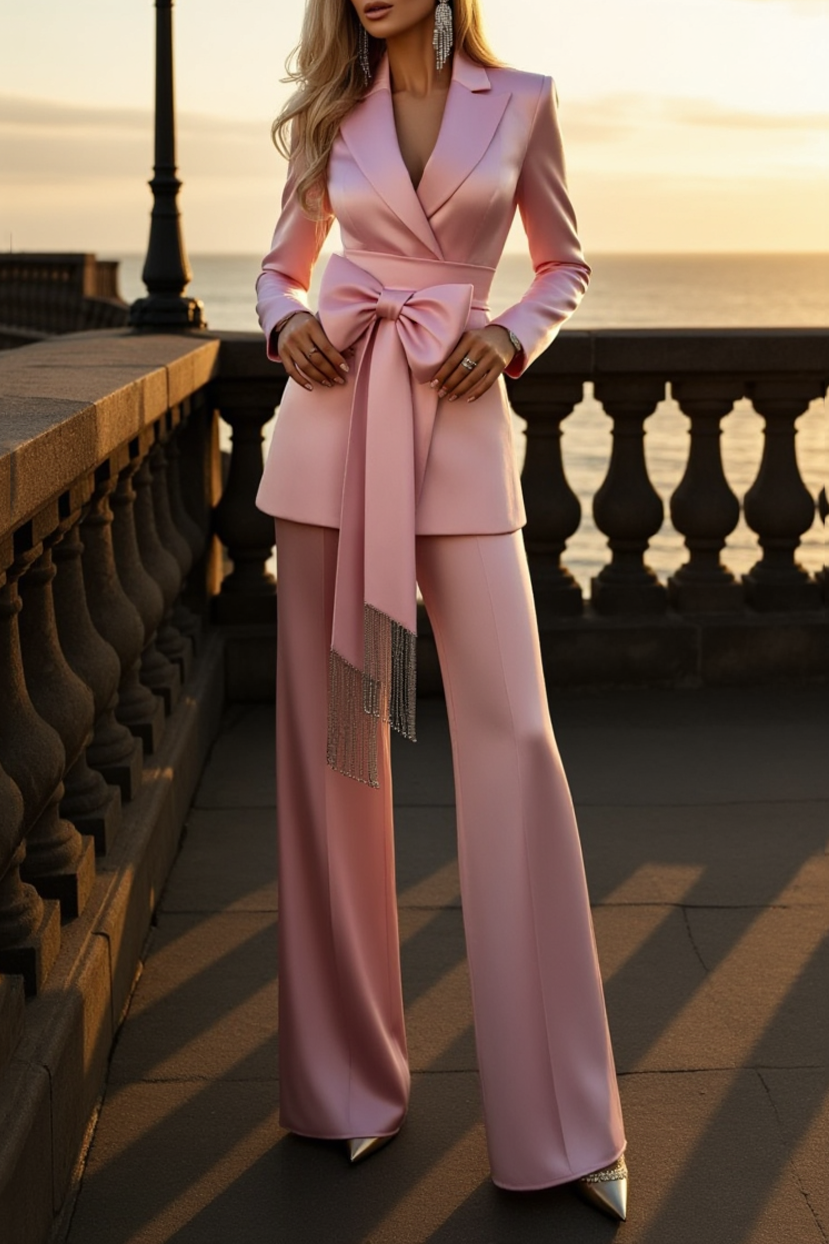 Party Satin Blazer Suit Sets Pink Lapel Long Sleeve Straight Pants Set