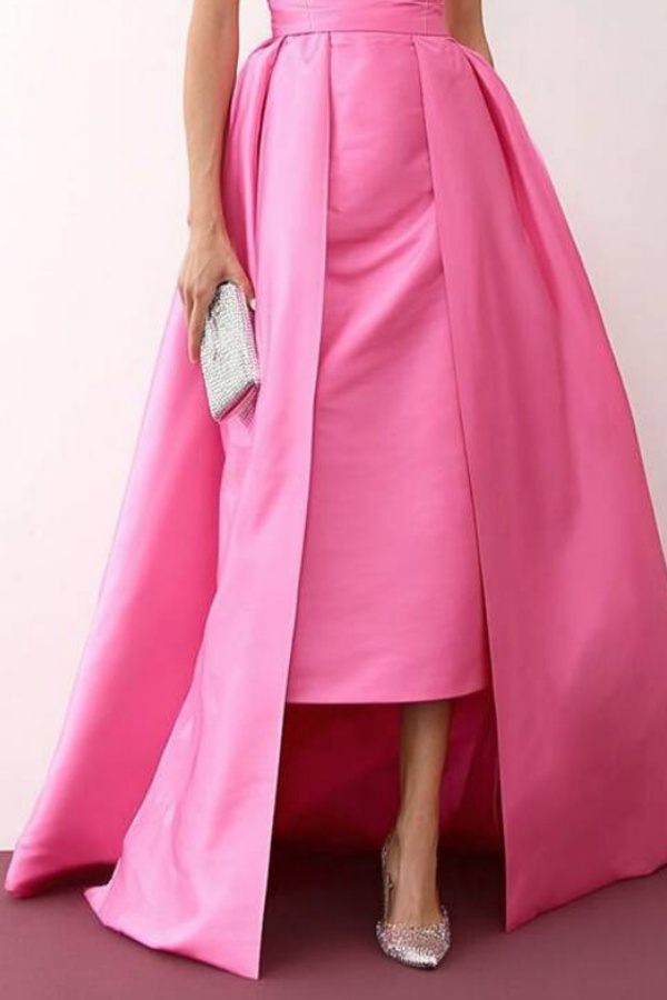 Formal ​Evening Dress Neon Pink Strapless with Train Midi Dress
