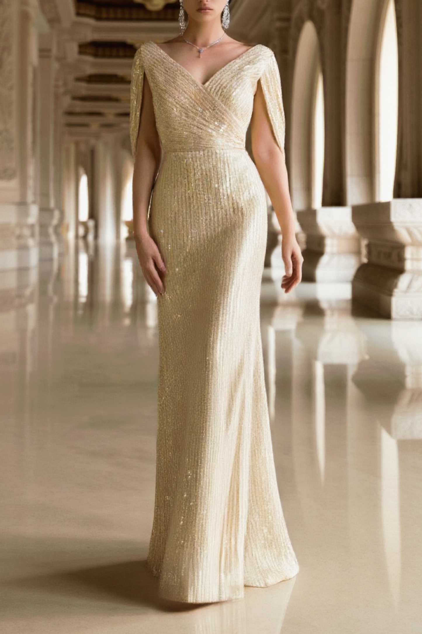 Formal Fequin Dress Golden V Neck Floor-Length Dress