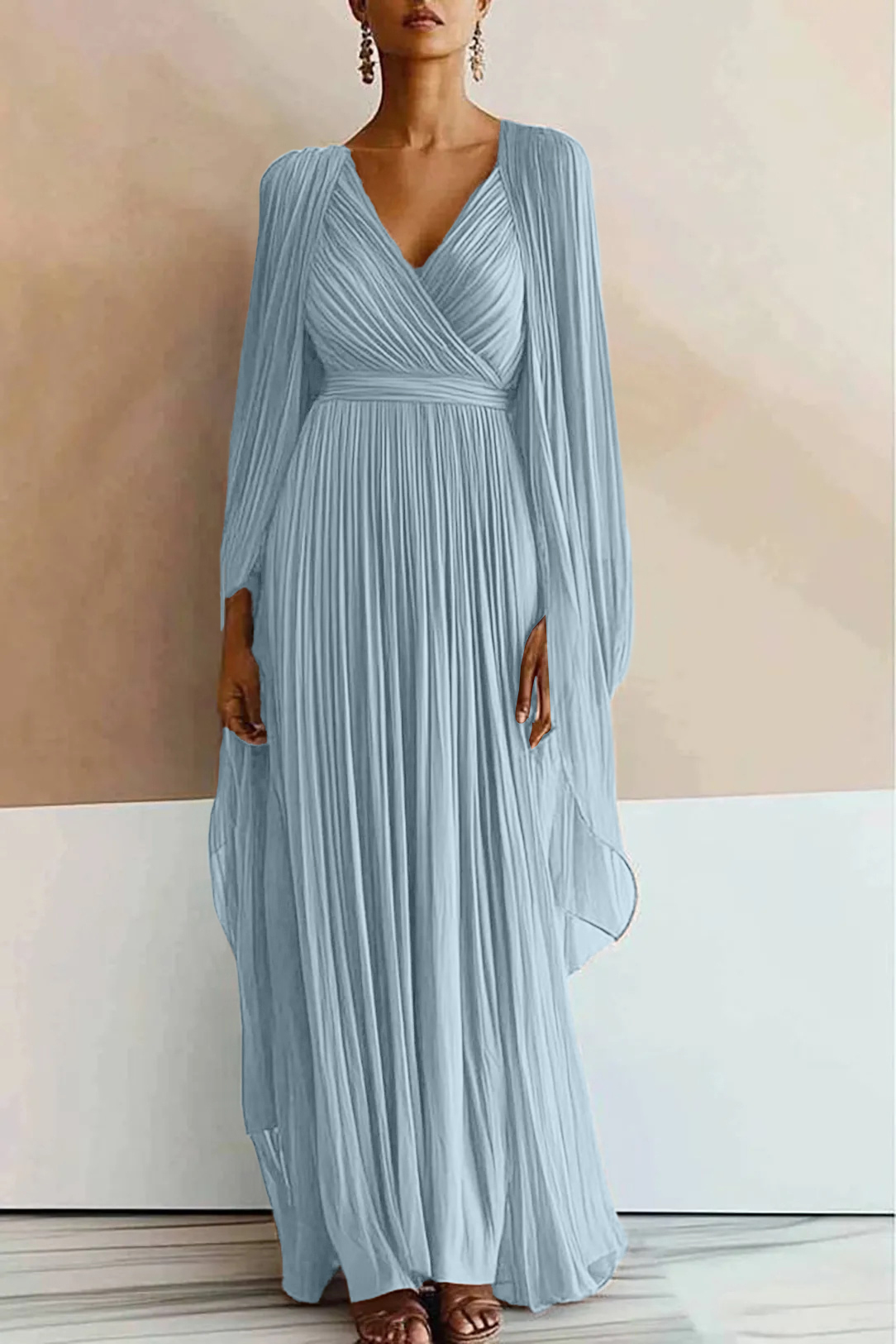 Evening Party Dress Pleated V-Neck Cape Maxi Dress