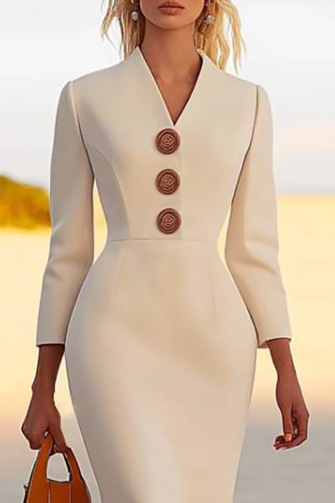 Work Semi-Formal Beige Dress V Neck Long Sleeves Midi Dress