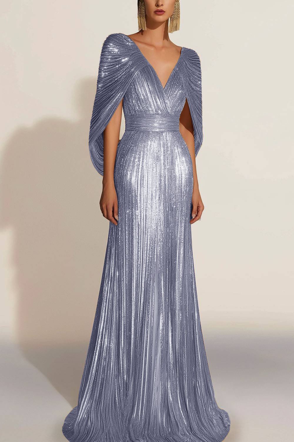 Formal Evening Fringe Dress Gold Sequin V Neck Cape Maxi Gown  chiclody