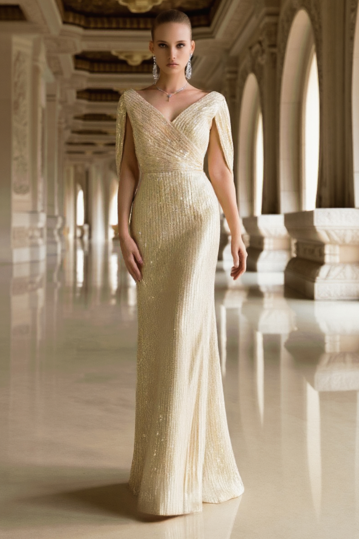 Formal Fequin Dress Golden V Neck Floor-Length Dress