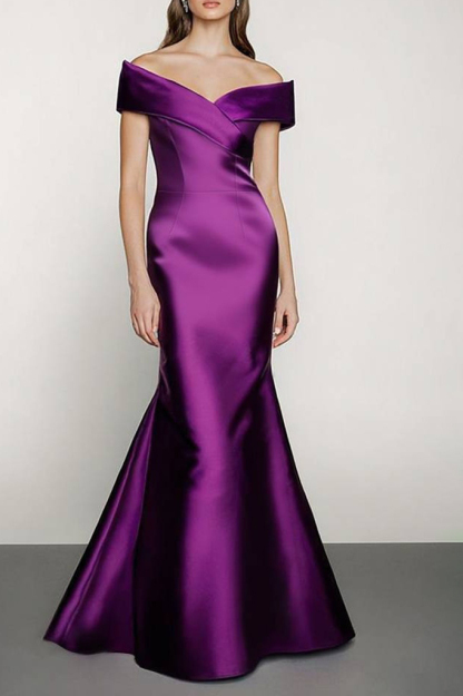 Formal ​Evening Dress Purple Off Shoulder Maxi Satin Dress
