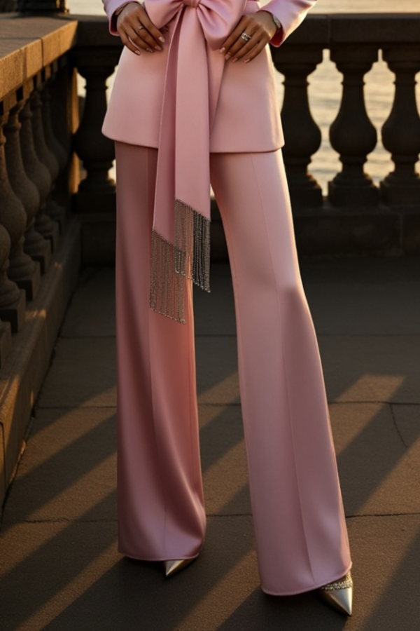 Party Satin Blazer Suit Sets Pink Lapel Long Sleeve Straight Pants Set