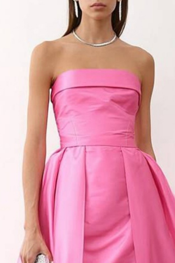 Formal ​Evening Dress Neon Pink Strapless with Train Midi Dress