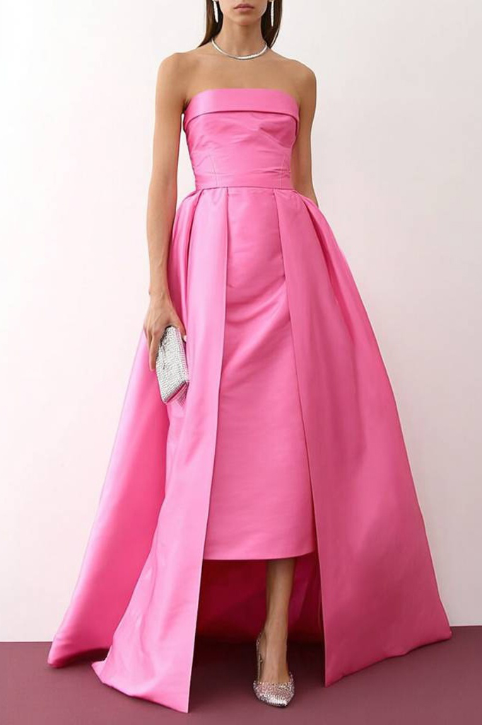 Formal ​Evening Dress Neon Pink Strapless with Train Midi Dress